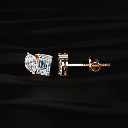 Marquise & Emerald Cut Lab Grown Diamond Toi et Moi Earrings | Earthly Jewels   