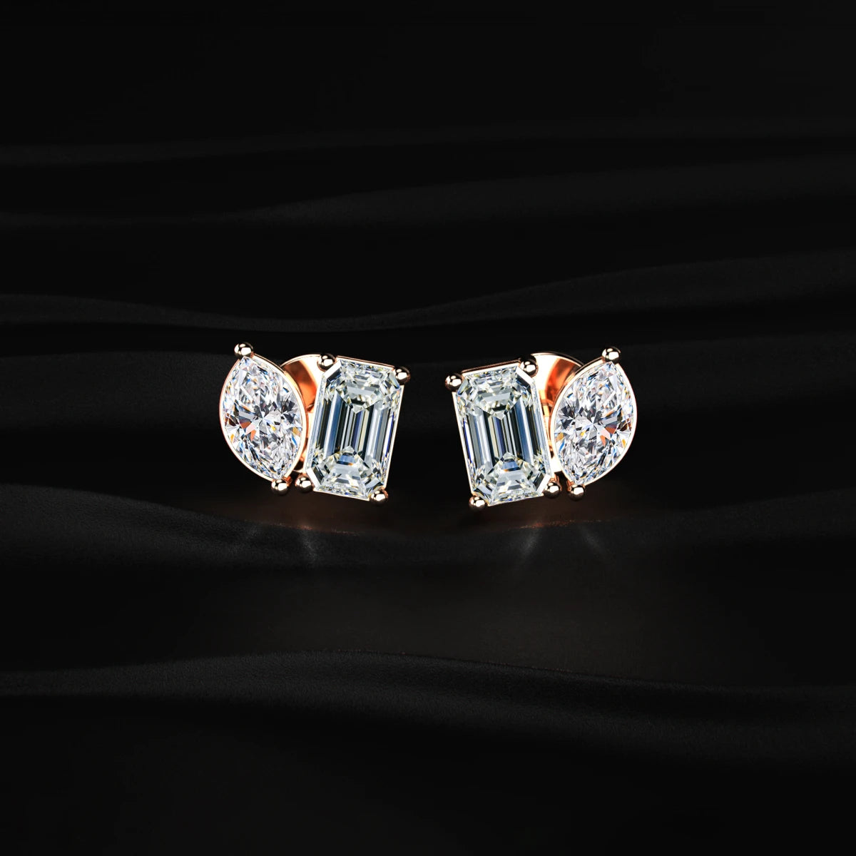 Marquise & Emerald Cut Lab Grown Diamond Toi et Moi Earrings | Earthly Jewels   