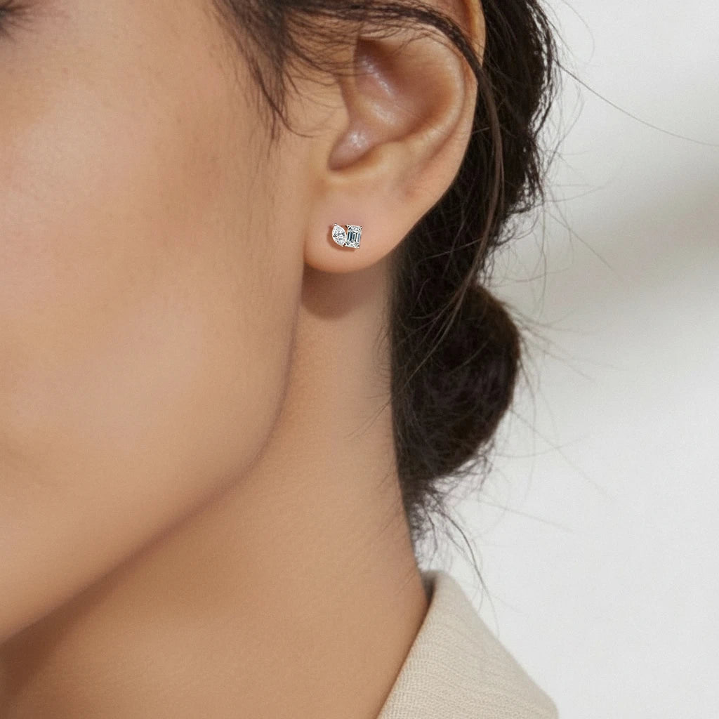 Marquise & Emerald Cut Lab Grown Diamond Toi et Moi Earrings | Earthly Jewels   
