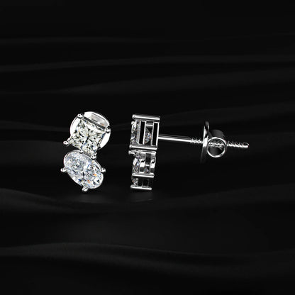 Toi et Moi Princess and Oval Diamond Stud Earrings | Earthly Jewels   