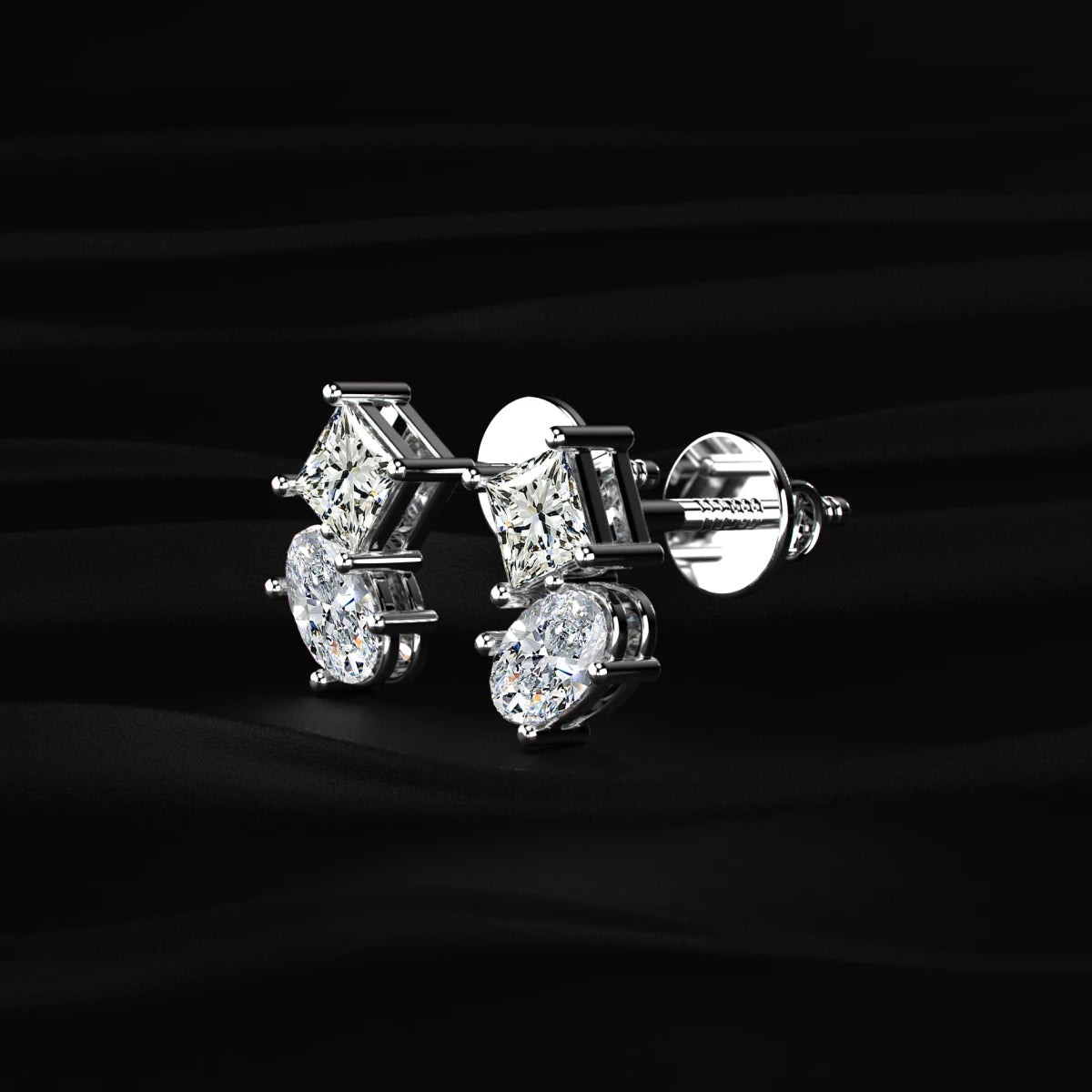 Toi et Moi Princess and Oval Diamond Stud Earrings | Earthly Jewels   