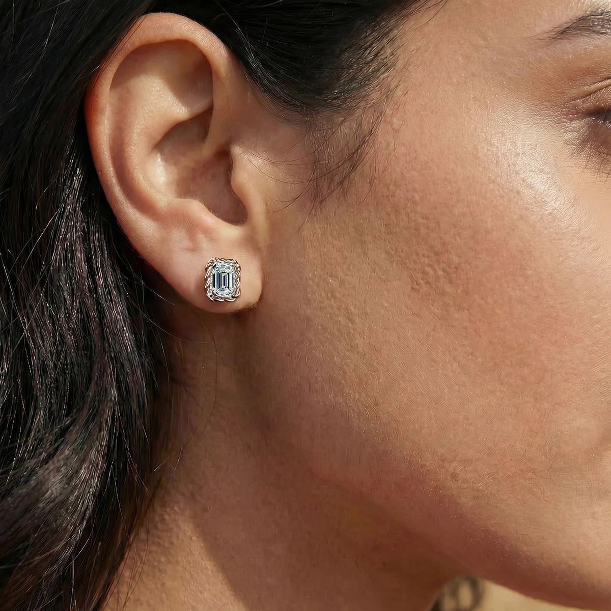 Emerald Cut Diamond Stud Earrings | Earthly Jewels | Model Image