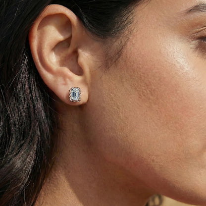 Emerald Cut Diamond Stud Earrings | Earthly Jewels | Model Image