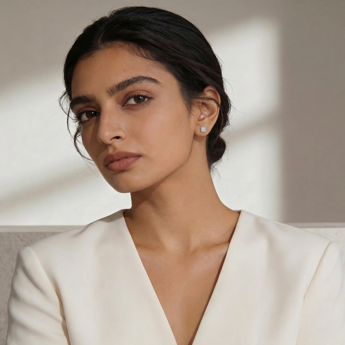 Radiant Cut Diamond Stud Earrings | Earthly Jewels | Model Image