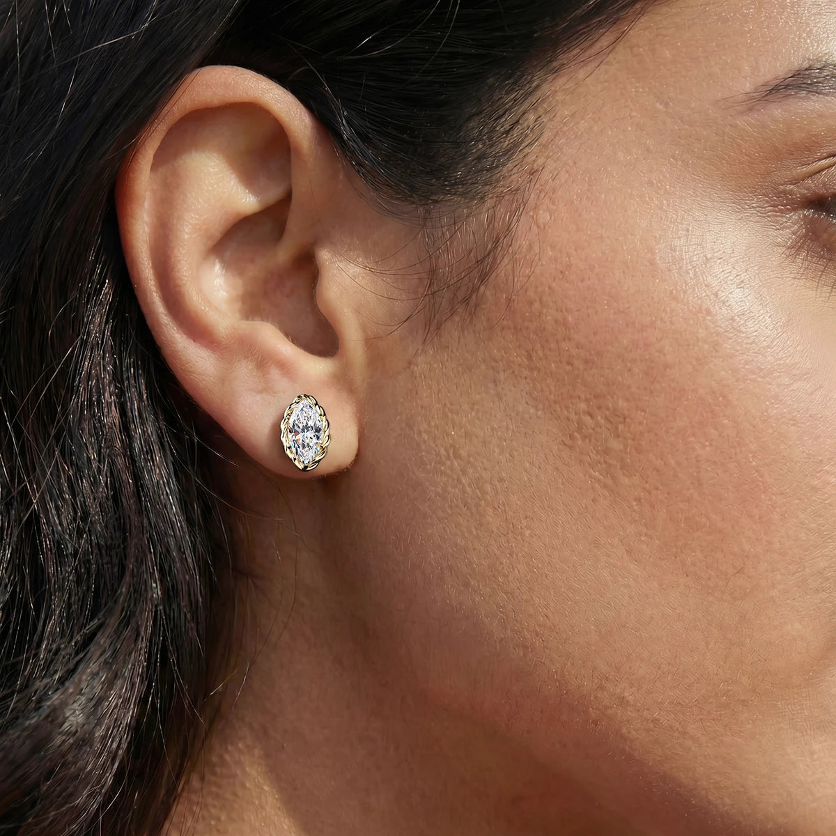 Marquise Cut Diamond Stud Earrings | Earthly Jewels | Model Image