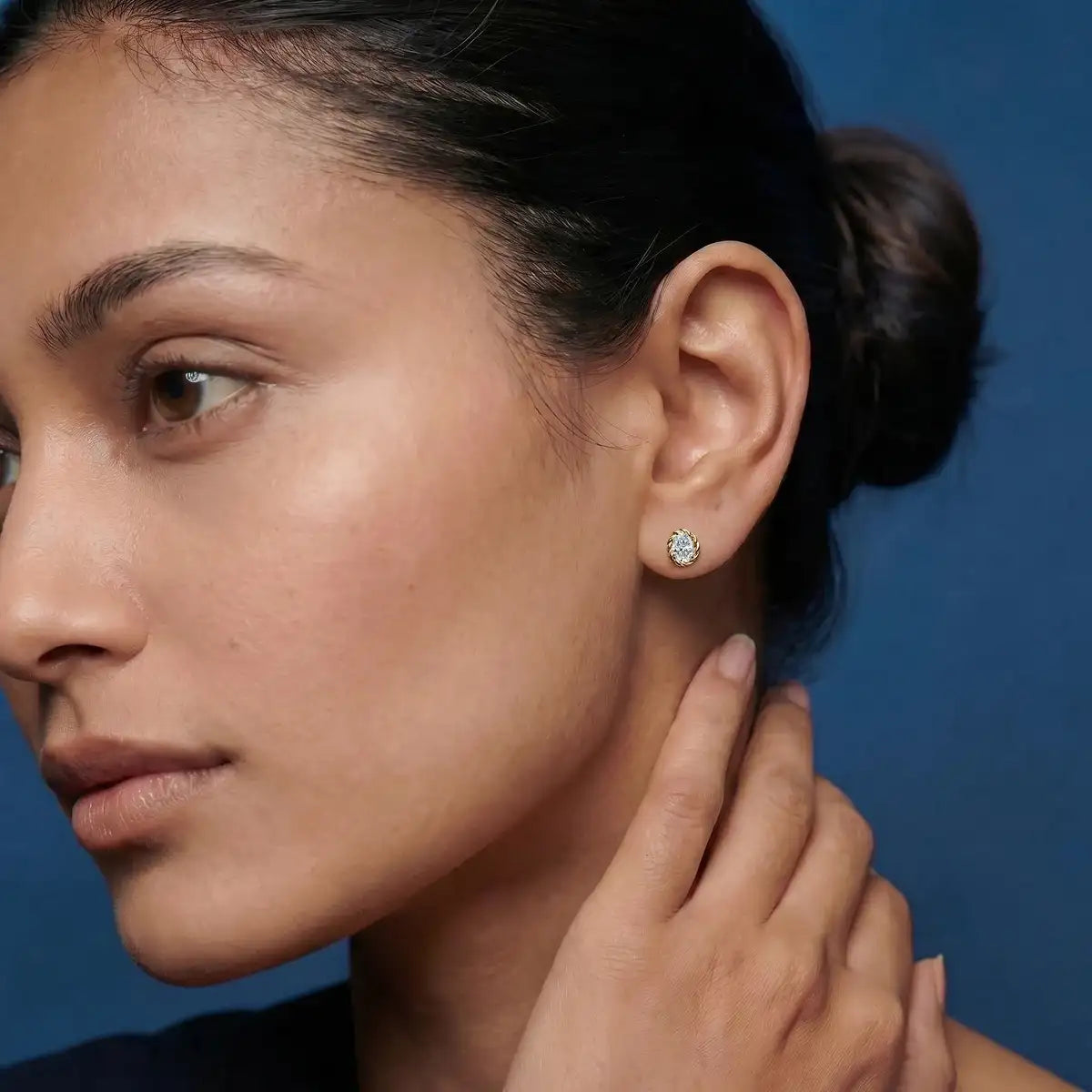 Oval Cut Diamond Stud Earrings | Earthly Jewels | Model Image