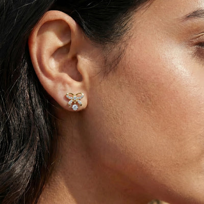 Round Shape Diamond Bow Stud Earrings | Earthly Jewels | Model Image