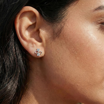 Heart Shape Diamond Infinity Studs Earrings | Earthly Jewels | Model Image