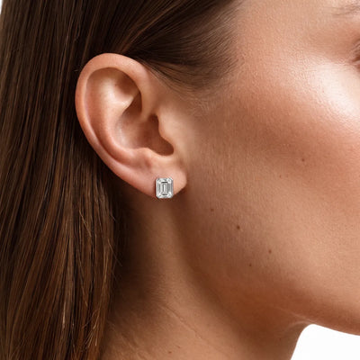Emerald Cut Diamond Stud Earrings with Half Bezel Setting | Model Image