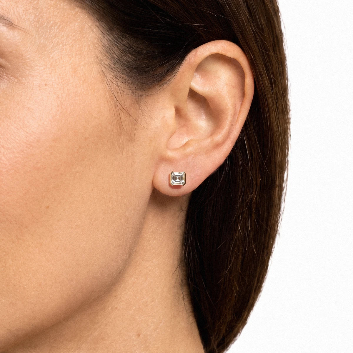 Asscher Cut Diamond Stud Earrings | Earthly Jewels | Model Image