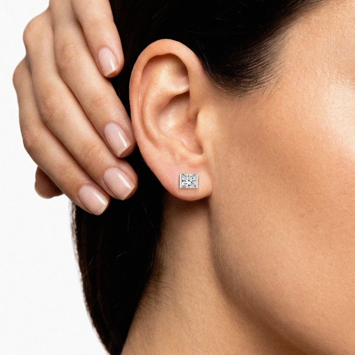 Princess Cut Diamond Stud Earrings with Half Bezel Setting | Model Image