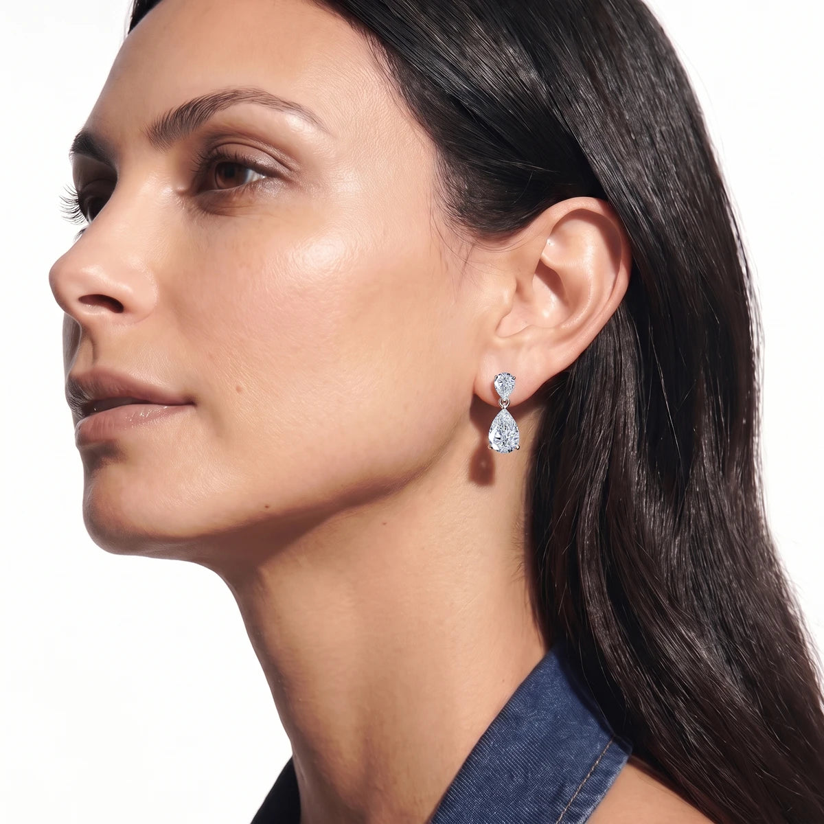 Double Pear Diamond Drop Stud Earrings | Earthly Jewels | Model Image 
