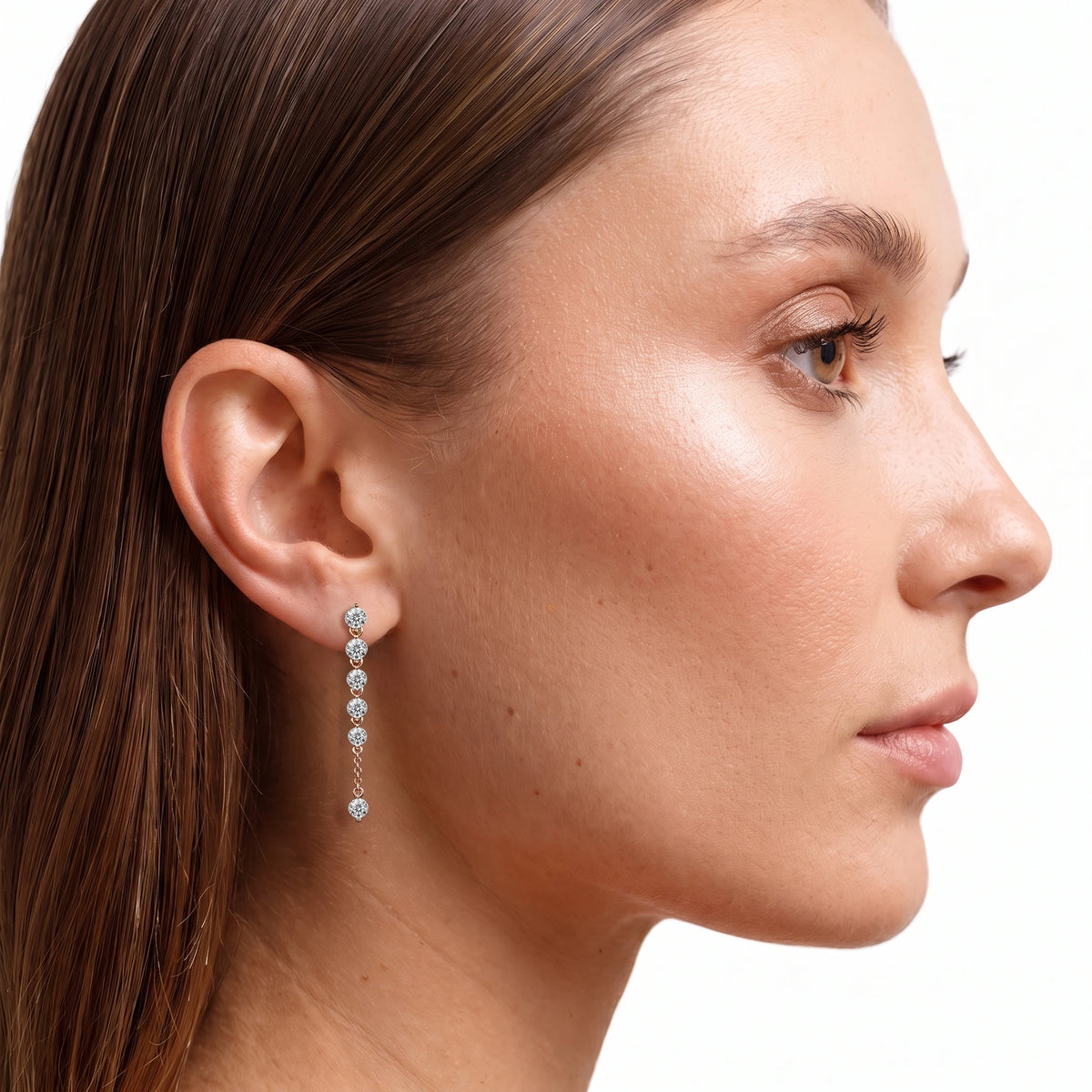 Round Cut Diamond Drop Earrings | Earthly Jewels | Model Image