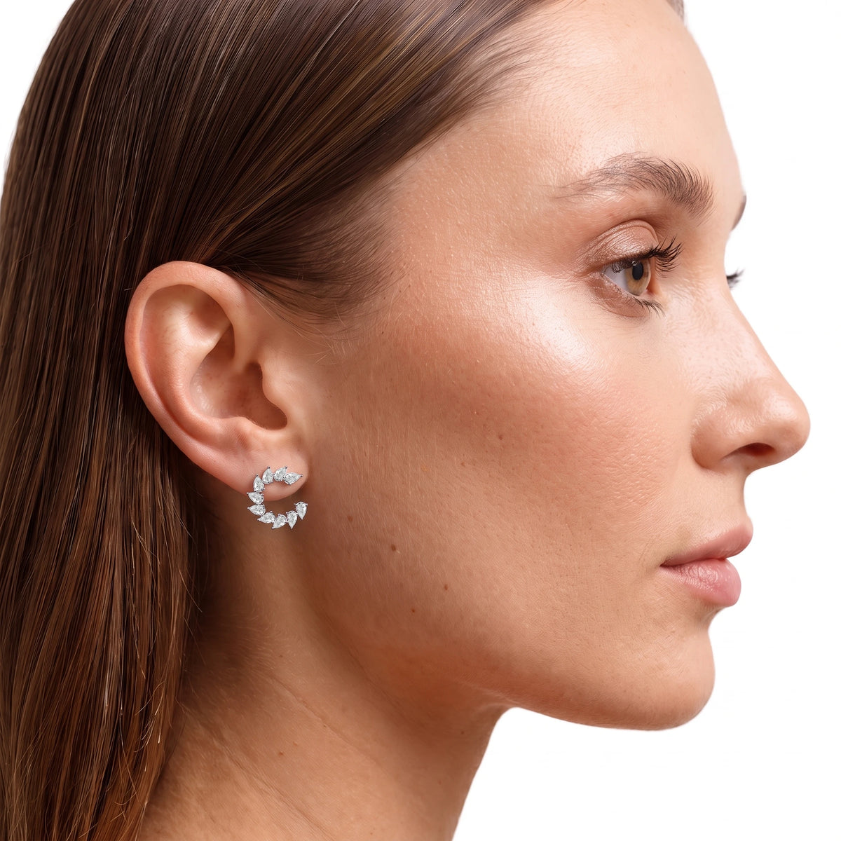 Pear Cut Diamond Curved Earrings | Earthly Jewels | Model Image