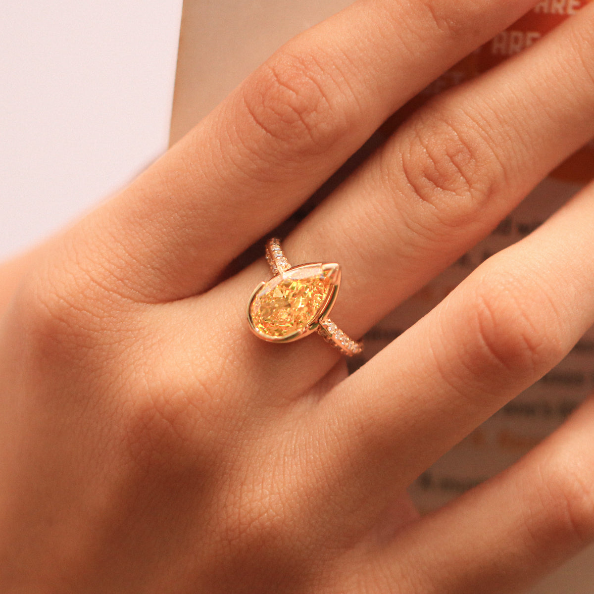 Yellow Pear Diamond Half Bezel Pave Ring | Earthly Jewels