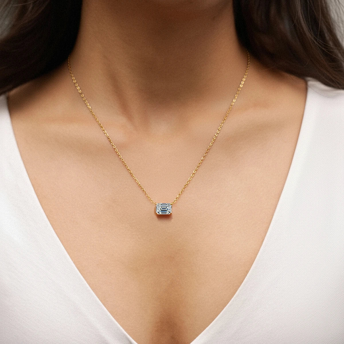 East-West Emerald Cut Diamond Solitaire Necklace | Earthly Jewels