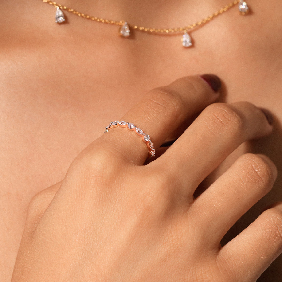 Round And Marquise Shape Diamond Half Eternity Ring