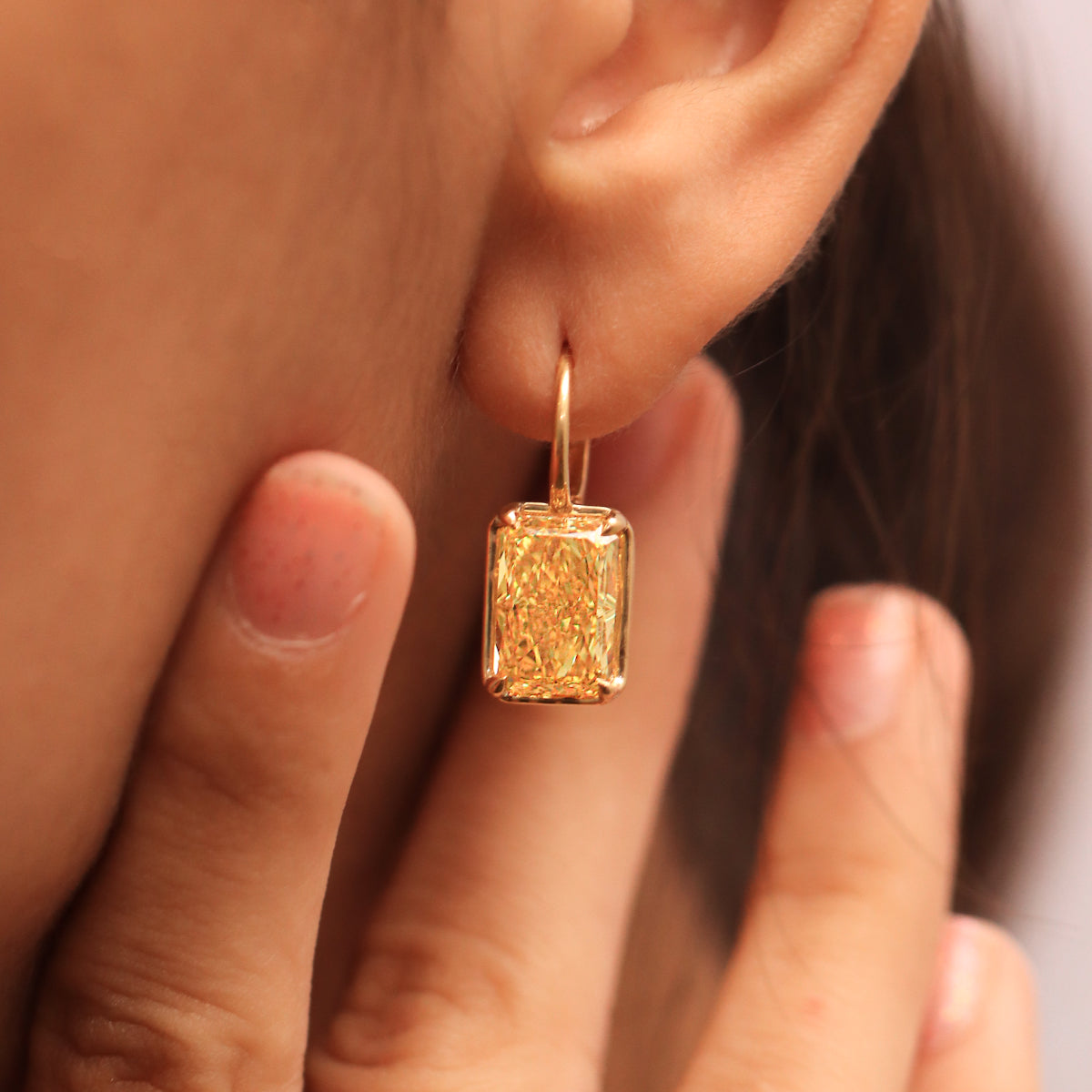 Radiant Cut Yellow Diamond Solitaire Leverback Earrings