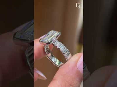 Emerald Diamond Half Bezel Ring with Side Baguette Stones 