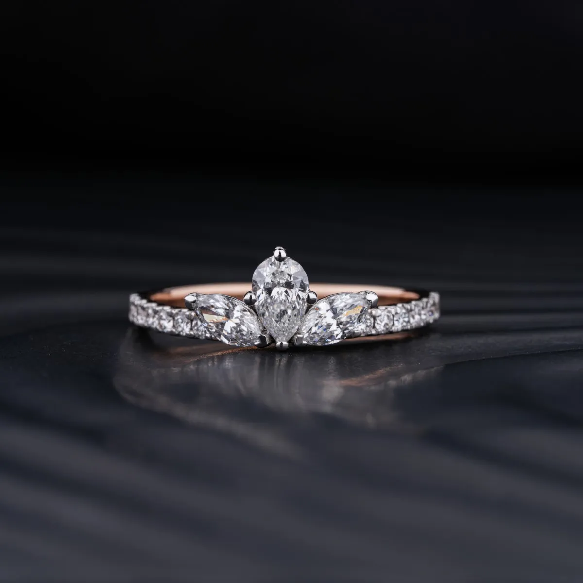 Marquise Trilogy Ring With Side Diamonds | 3 Stone Marquise Ring With Side Stones | Marquise Three Stone Ring With Side Diamonds | Earthly Jewels
